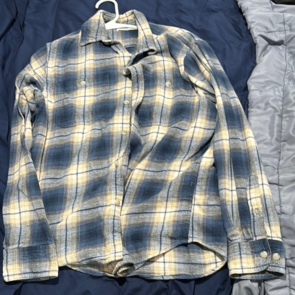 Men's Blue and Cream Plaid Shirt